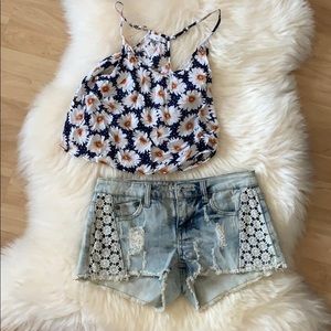 Lace light wash denim shorts